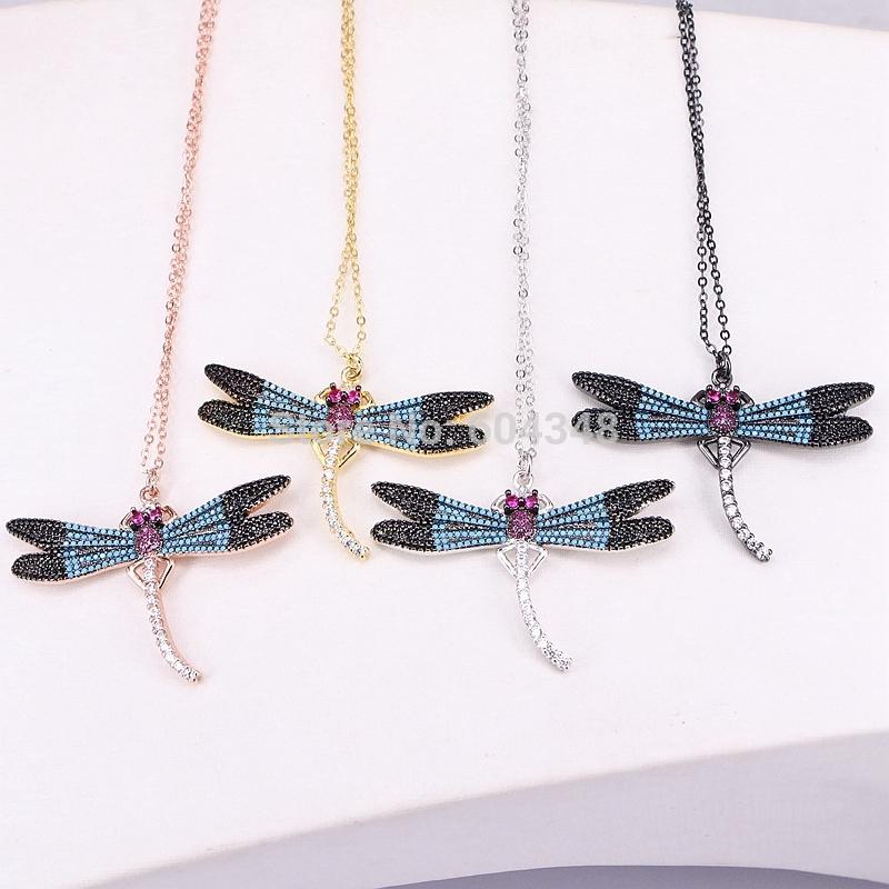 

5 Strands ZYZ186-8446 Fashion CZ Pave Dragonfly Insect Pendant Necklace Four Colors Metal with Zirconia Animal Jewelry Necklace