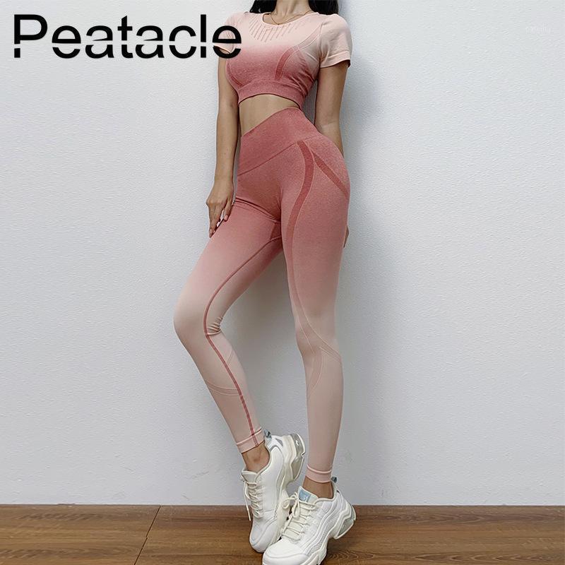 

Peatacle 2 Piece Set Women Seamless Yoga Suit Fitness Sports Short Sleeve Tops Sexy Gym Workout Clothing Active Wear Leggings1, Pink gradient