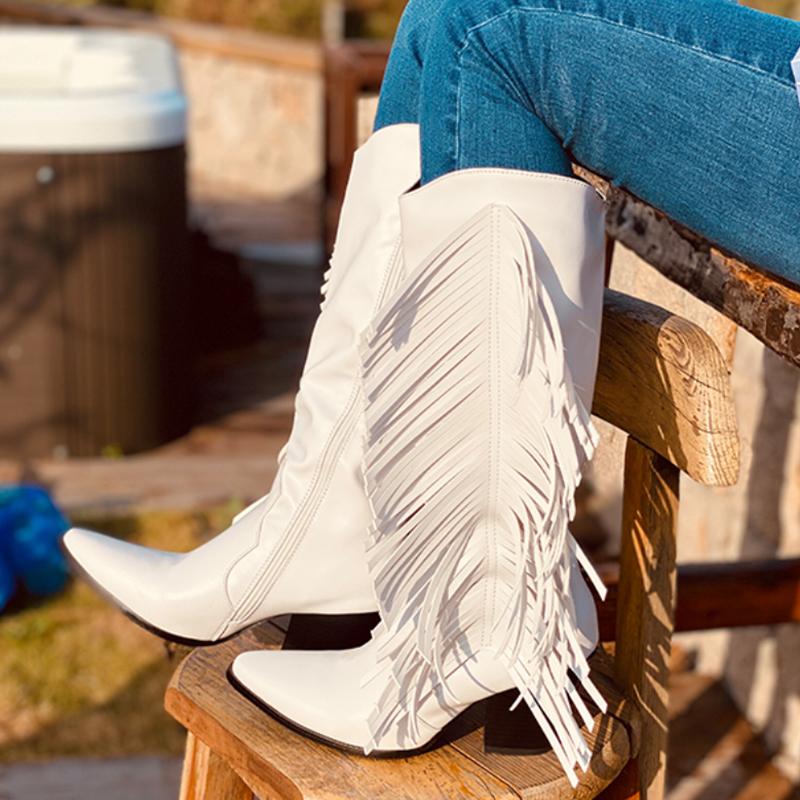 

Women Tassel Pointed Toe Mid Calf Boots 2020 Ladies High Heel Autumn Winter Woman Pump Women's Zip Female Leather Shoe Plus Size, Black