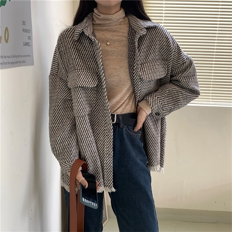 

Bella Philosophy Autumn New Retro Houndstooth Shirts Vintage Tassel Loose Wild Long Sleeve Jacket Casual Street Lady Outwears 201112, As picture