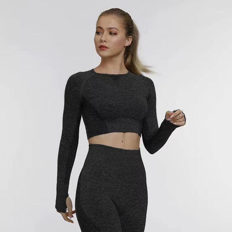 

Women Seamless Mesh jacquard Yoga Set Gym Clothing Fitness Leggings+Long Sleeve Shirts Sport Suit Women Active Wear1, Black