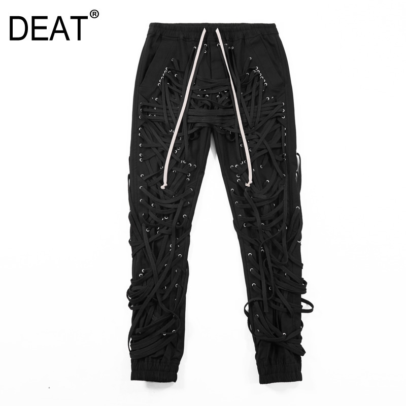 

DEAT New Autumn And Winter High Waist Stringe Drawstring Full Length Black Color Pants Female Trousers WN15101L 201102