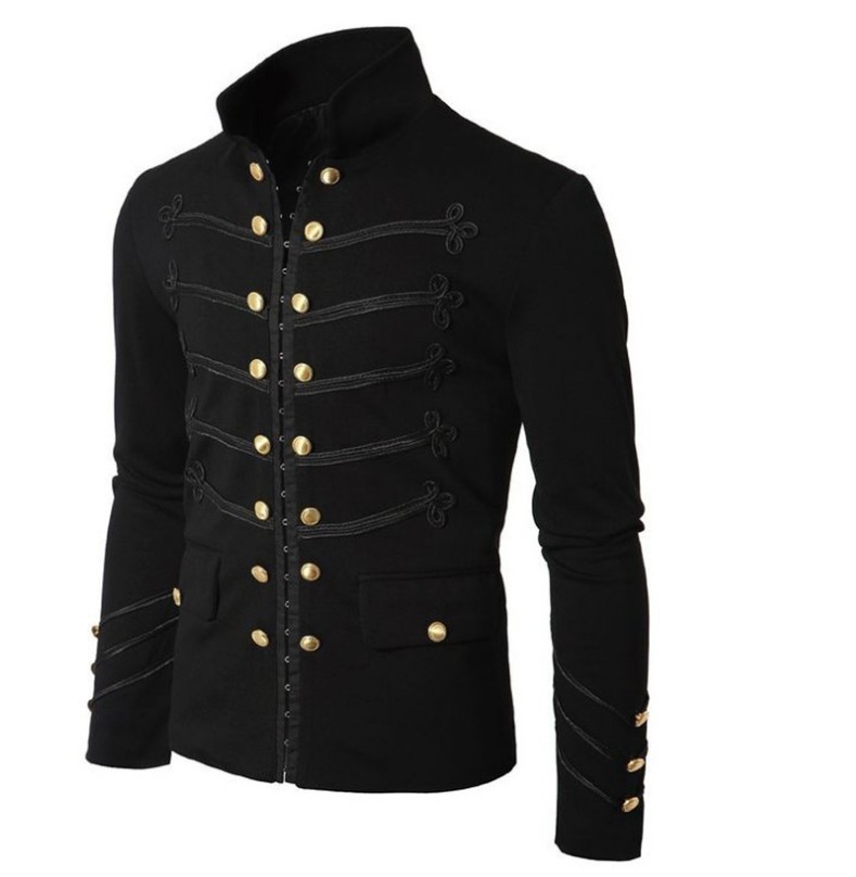 

Men Vintage Military Jacket Gothic Military Parade Jacket Embroidered Buttons Solid Color Top Retro Uniform Cardigan Outerwear LJ201013, Gray
