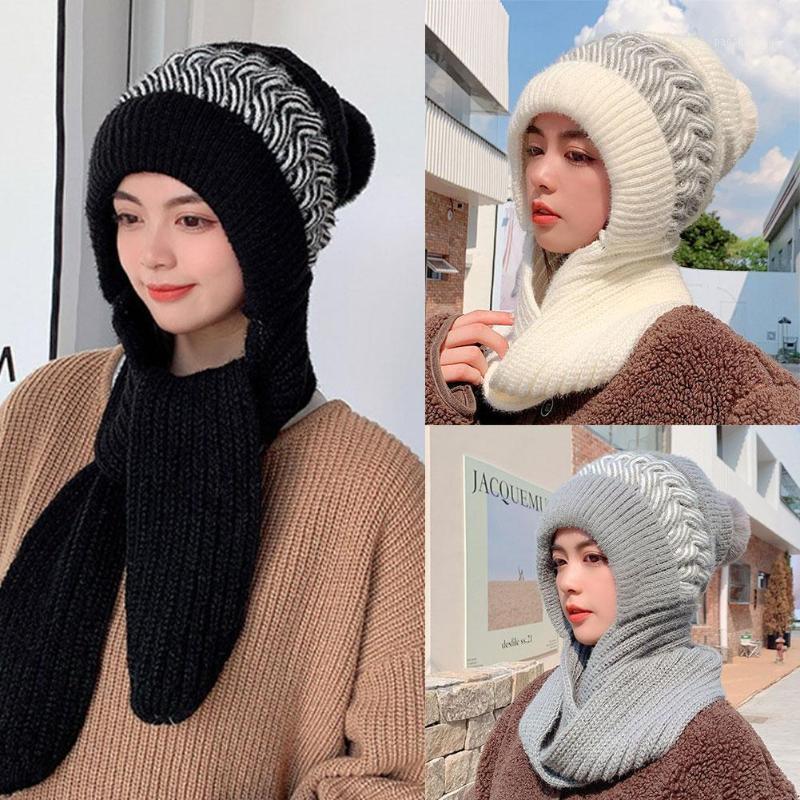 

Hats, Scarves & Gloves Sets 2022 Woolen Cap Scarf Autumn/winter Cute Woman Plush Knitted Hood Soft Thickening Conjoined Caps Kids, Blue;gray