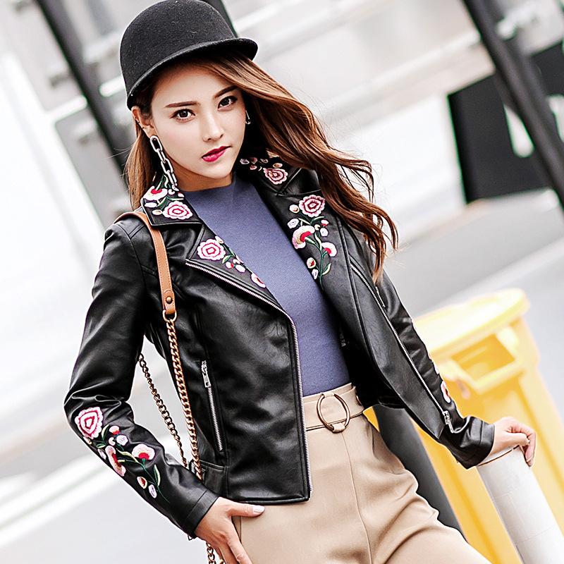 

High Spring Embroidered 2020 Quality Leather Short Jacket New Slim PU Washed Fashion Lady Large Size, Black