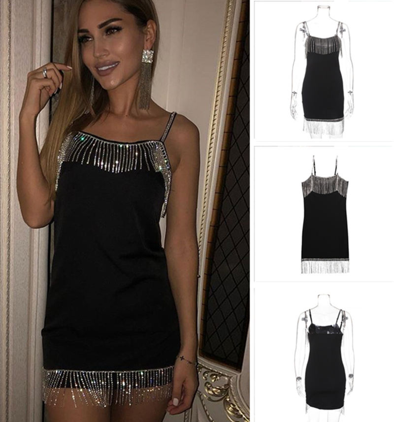 

Womens night club party dresses stitching hot rhinestone designer dress shoulder strap tassel suspender dress sexy women bodycon dress, White;black