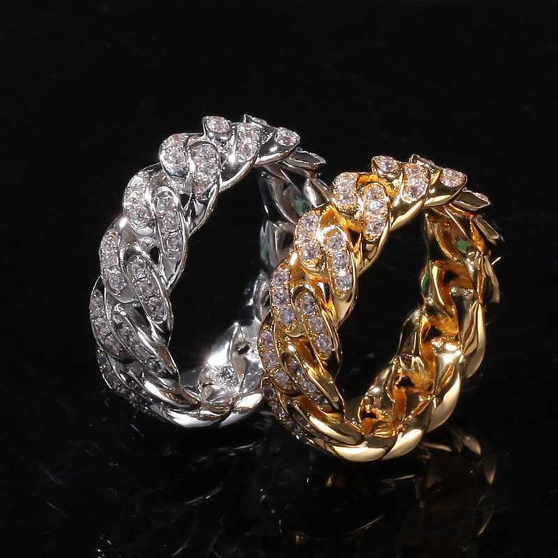 

Trendy Rings Gold Color Top Quality Bling Bling Iced Out CZ Hip Hop Punk Ring Cuban Link Chain Ring
