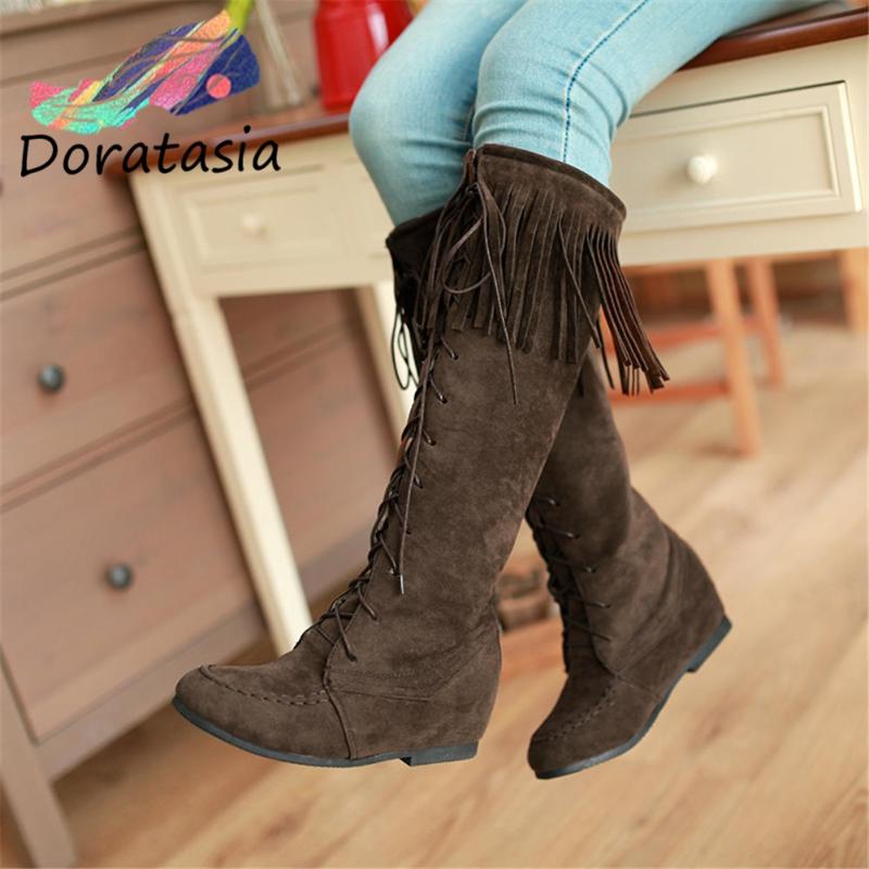 

DORATASIA Retro Dropship Women Flock Lace Up Casual Shoes Fashion Autumn Brand Boots Women Round Toe Mid Calf Boots, Yellow