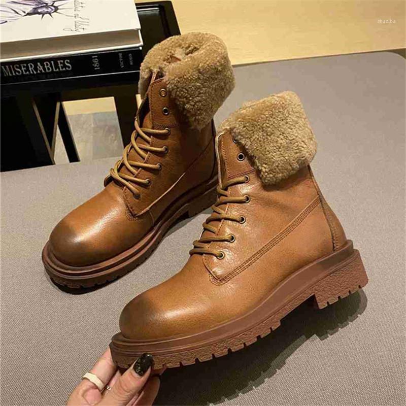 

Brown Winter Warm Fur Boot Genuine Leather Women Ankle Boots Lace-up Plush Snow Boots Thick Sole Botas Mujer Casual Shoes Woman1, Beige