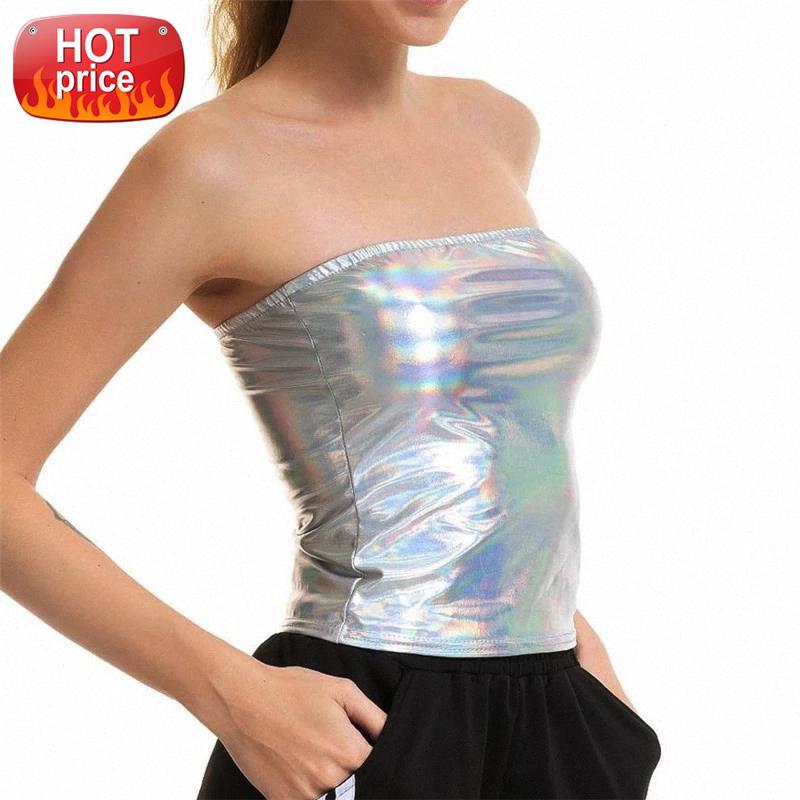 

Multi Flashing Metallic Colors Women Strapless Tops Sexy Sleeveless Tank Top Summer Beach Vest Festival Party Nightclub Camisole #CE3v, White