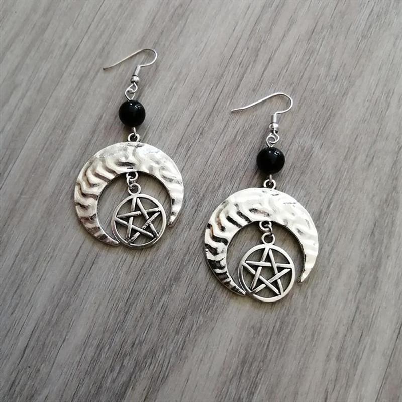 

Dangle & Chandelier Crescent Moon Protective Pentagram Earring Beads Onyx Black Witchy Wicca Pagan Magic Esoteric Fashion Goth Witch Jewelry
