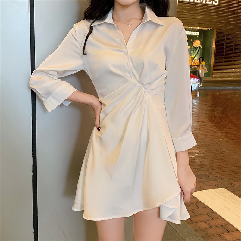 

2021 Fold Design Sense White High Waist Ruched Long Sleeves Shirt New Korean Autumn Elegant Ol Dress 2I78