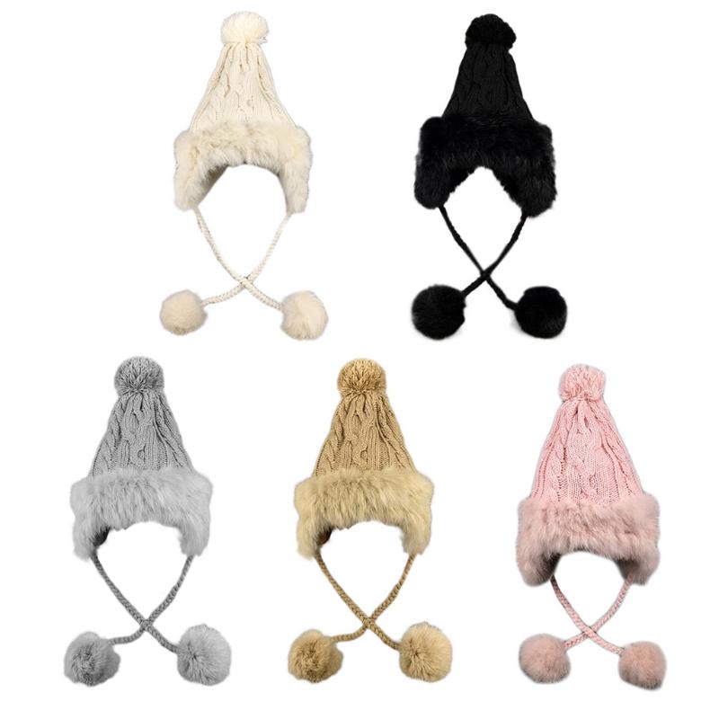 

Women Winter Knitted Trapper Hat Plush Trim Faux Fleece Lined Pompom Earflap Cap J78E, Be