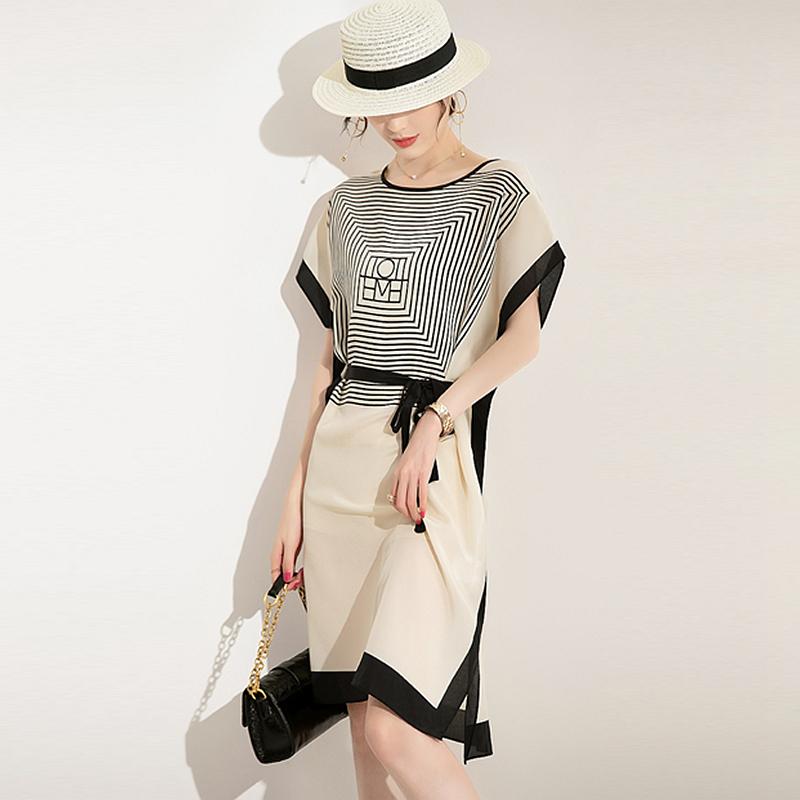 

100% Silk Dress Women Elegant Design Printed Loose O Neck Short Bat Sleeves Cashes Casual Style New Fashion, As picture