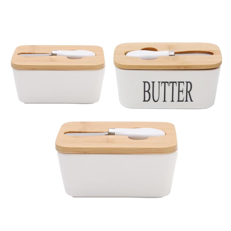 

Ceramic Butter Dish Porcelain Butter Keeper with Bamboo Lid and Steel Knife