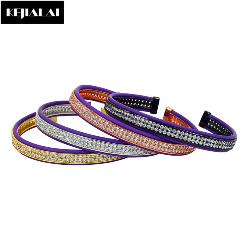 

Hot Sale Genuine Leather Bracelets Men Bangle Purple Leather Pave with Double Lines Clear Zircon Open Cuff for Women Punk Style