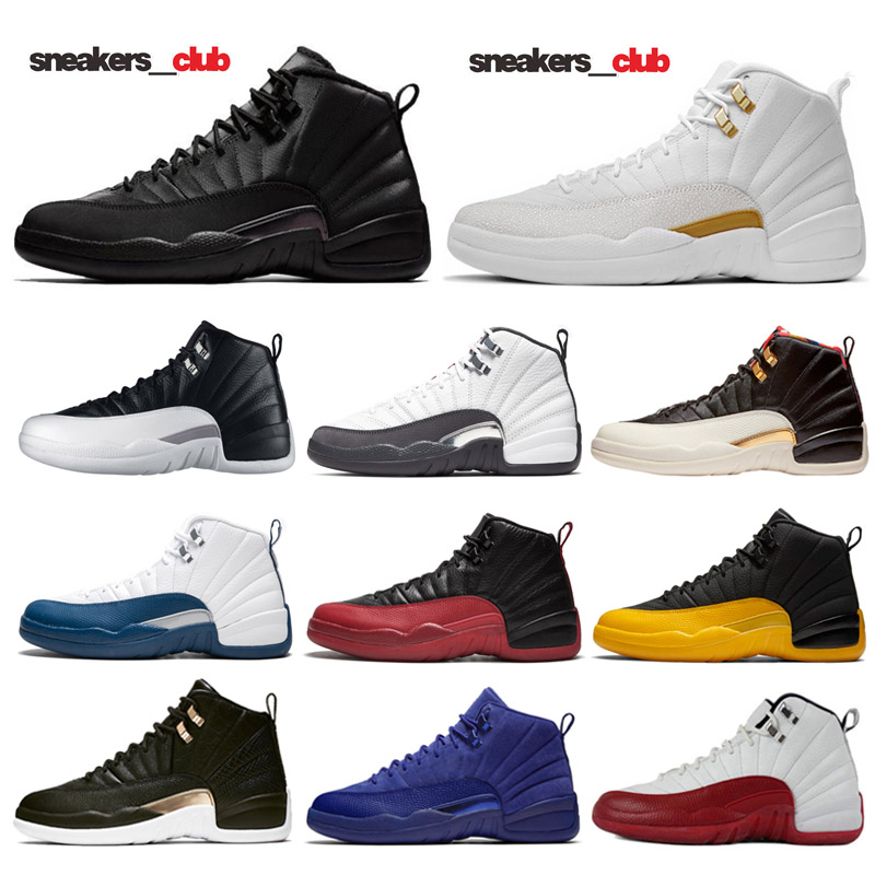 

New 12 Stone Blue University Gold Dark Concord Reverse Flu Game OVO White Men Basketball Shoes 12s Playoff French Blue Sneakers With Box, Shoe box