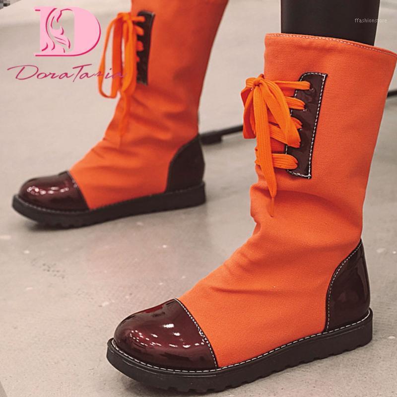 

Doratasia Big Size 43 Fashion 2020 Flat With Canvas Vintage Autumn Winter Shoes Women mid-calf Boots1, Rosy red
