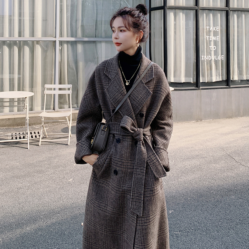

2021 New Female Wool Section Winter New Long Sleeve Lapel Double-breasted Loose Fashion Jacket 9e Quality Xaxv, Coffee plaid
