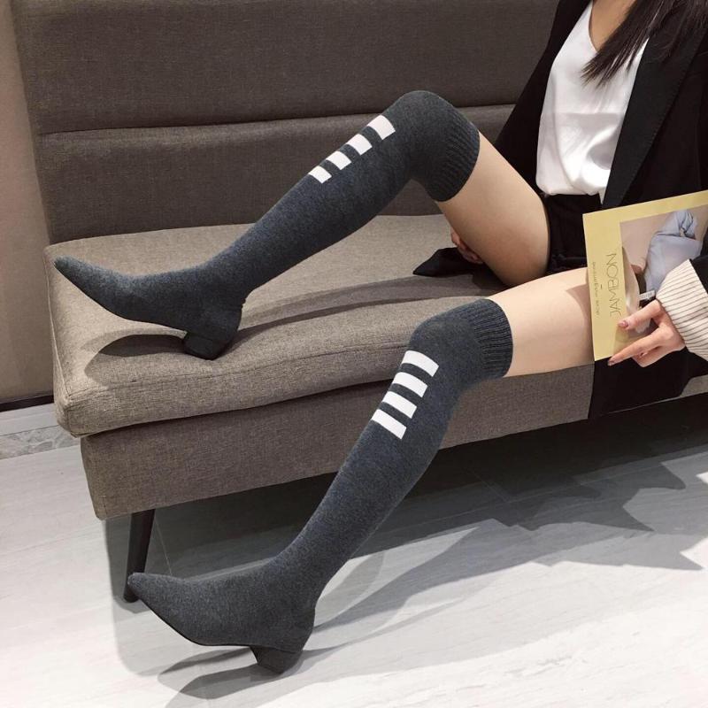 

Embroidered Striped Stretch Socks Boots Female Over The Knee Boots Pointed Toe Low Heeled Sexy Autumn Booties Long, Black