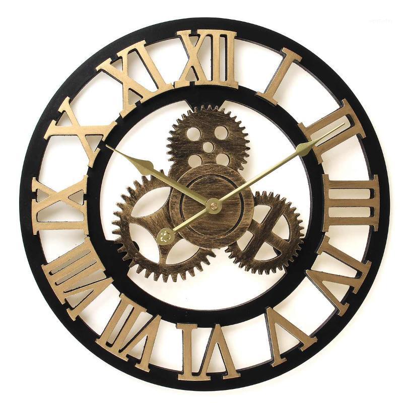 

16 Inch 3D Circular Retro Roman Numeral Wall Clocks Wooden Large Mute Vintage Gear Wall Clock for Living Room Home Decor1