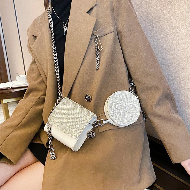 

Diamonds Small Flap Bag + Round Bag 2pcs/set 2021 New Fashion Luxury design Shoulder for Woman Crossbody Messenger Bags, White