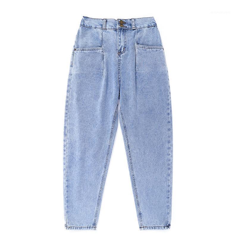 

High Waist Jeans Daddy's Trousers Fashion Women Jeans Boyfriend Loose Straight Blue Curled Ankle Length Harem Pants1, Dark blue