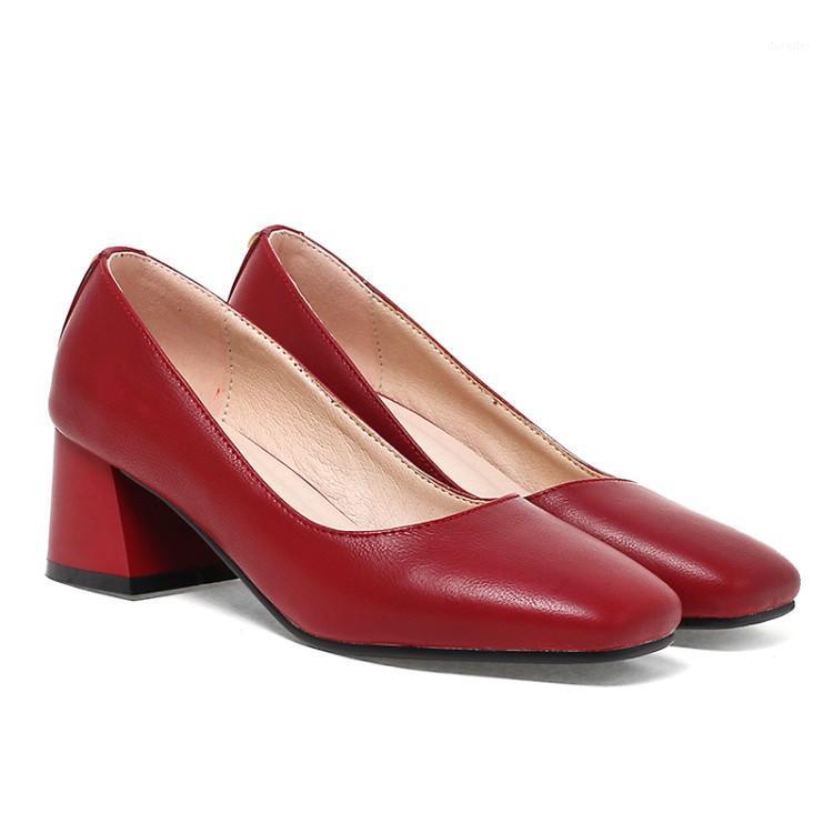 

PQECFS Big size 32-43 high quality hot sale 2021 new fashion women solid pearl med heels pumps 3 colors1, Wine red