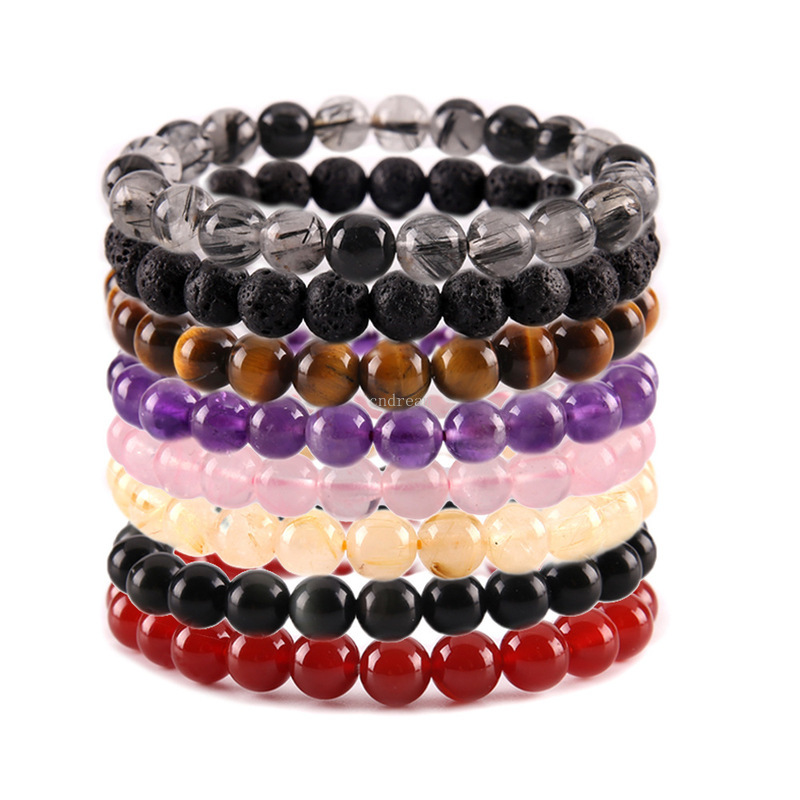 

Natural Stone beads strands bracelet Crystal amethyst Turquoise Tiger eye bracelets for women men fashion jewelry will and sandy gift, Black