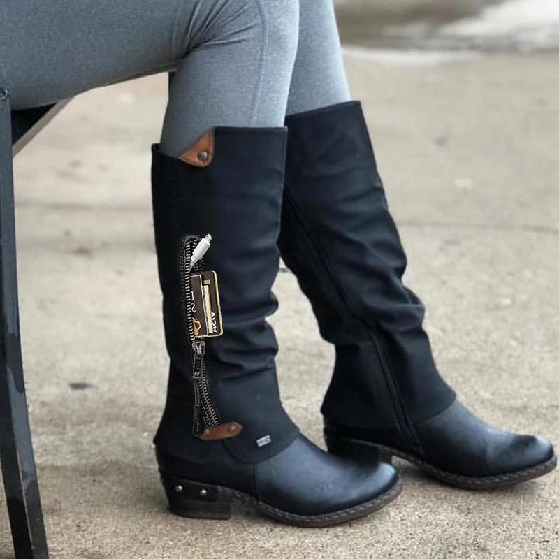 

Boots Women 2020 Autumn Winter Long Mid Zipper Solid Boots Round Toe Low Heel Snow Warm women's work female shoes, Grey