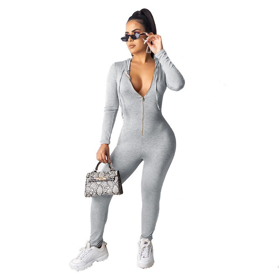 

Women Jumpsuits Hooded Zipper Full Sleeve Solid Bandage Sexy Rompers Night Club Party One Piece Outfits, 01
