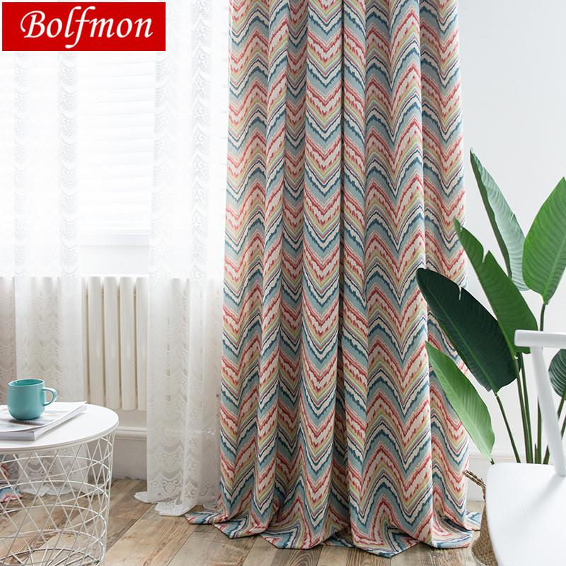 

Cotton Polyester Printed Colorful Stripe Window Curtain for Living Room Creative Wave Simple Geometric Curtain Kitchen Custom, Color 1