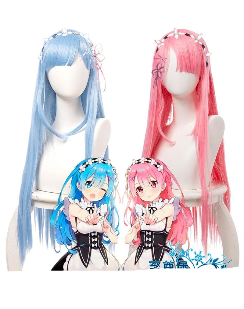 

Re Life In A Different World From Zero Rem Ram Pink Blue Long Straight Cosplay Synthetic Hair Halloween Party Carnival + Wig Cap