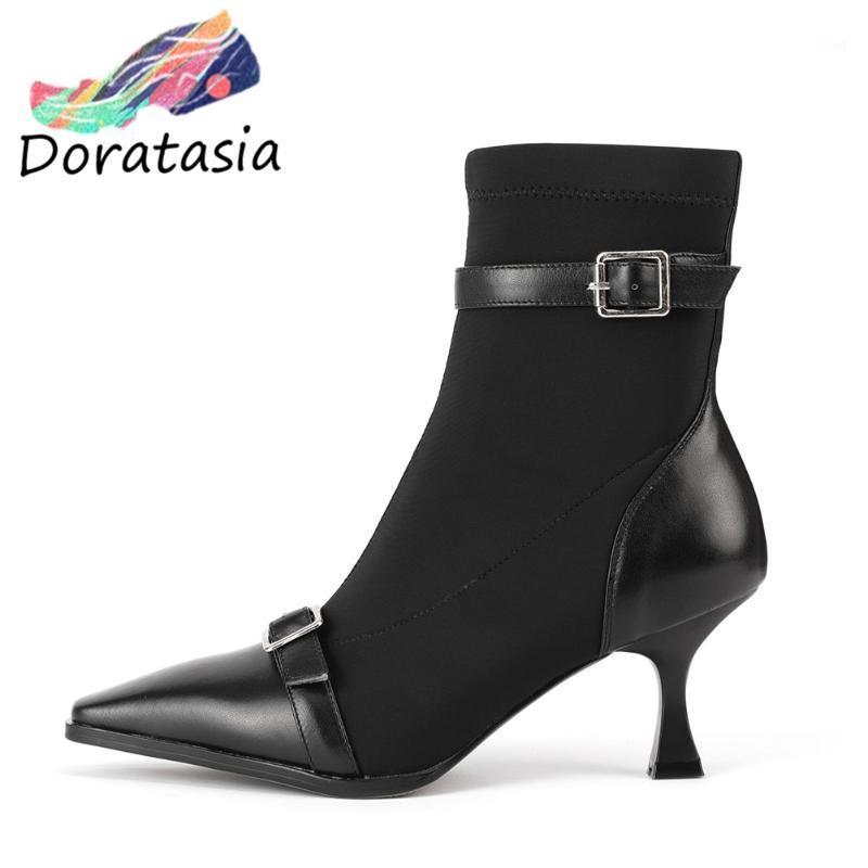 

DORATASIA Genuine Leather Patchwork Stylish Laides Ankle Boots Buckle Thin Heel Autumn Boots Women Brand Shoes Woman1, Black