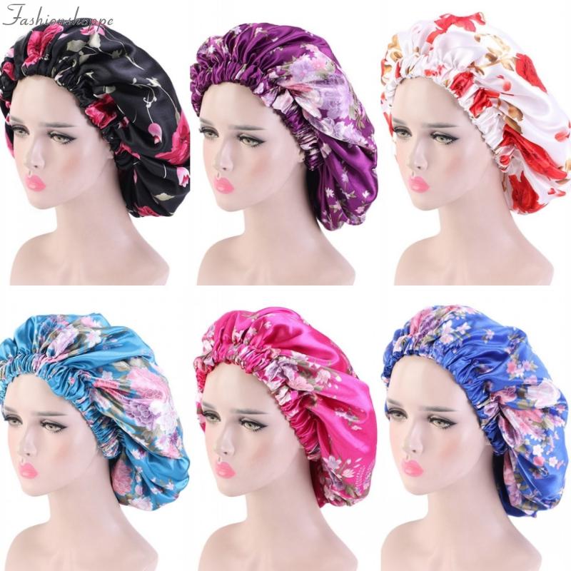 

New African Pattern Print Bonnet Women Day Night Sleep Cap Double Layer Satin Turban Extra Large Head Wear Ladies Head wrap Hat, White