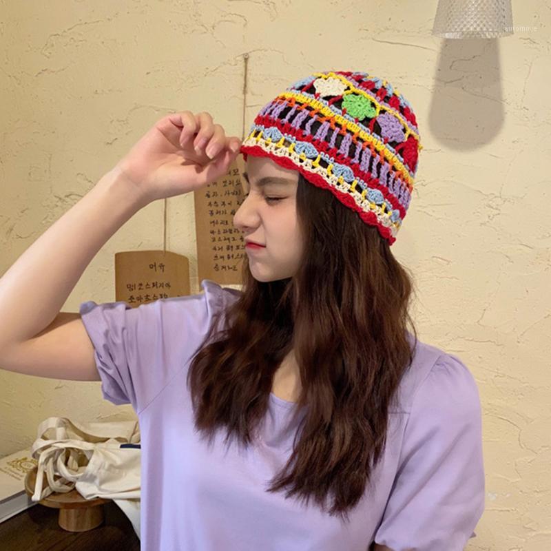 

New Female all seasons colorful cotton knit handmade hollow hat Bohemian style cute flower hat retro sketch beret beanie hats1