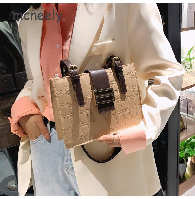 

New Stone Pattern Women's Single Shoulder Bag Solid Color Belt Decoration Small Square Bag Fresh and Sweet Women's, As picture
