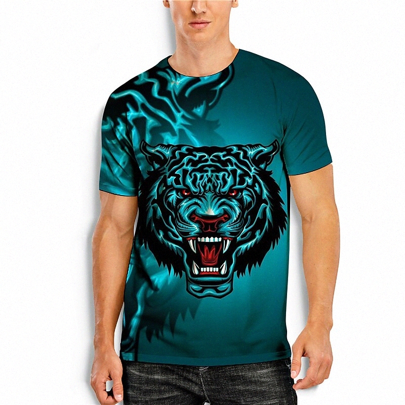 Men's T shirt 3D Print 3D Tiger Animal Round Neck Daily Holiday 3D Print Short Sleeve Tops Casual Blue / Summer H44W#