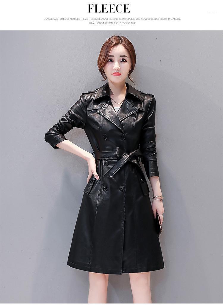 

2021 spring and autumn new Haining Leather Women's mid long Korean slim fit coat sheepskin windbreaker1, Black