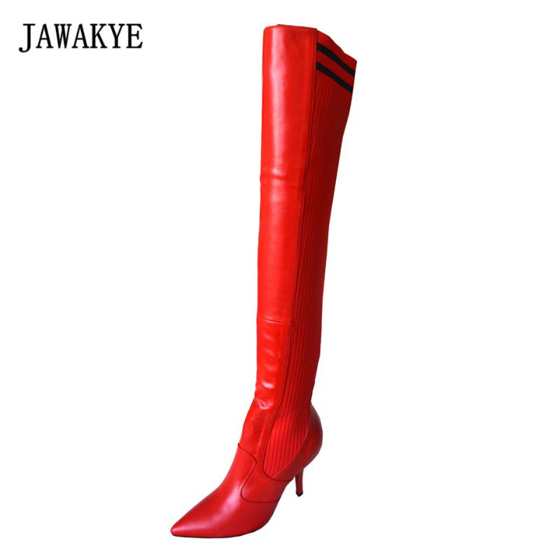 

JAWAKYE New runway style Fall winter Over The Knee Boots thin high heel knitted thigh high Boots women stiletto botas mujer, Black