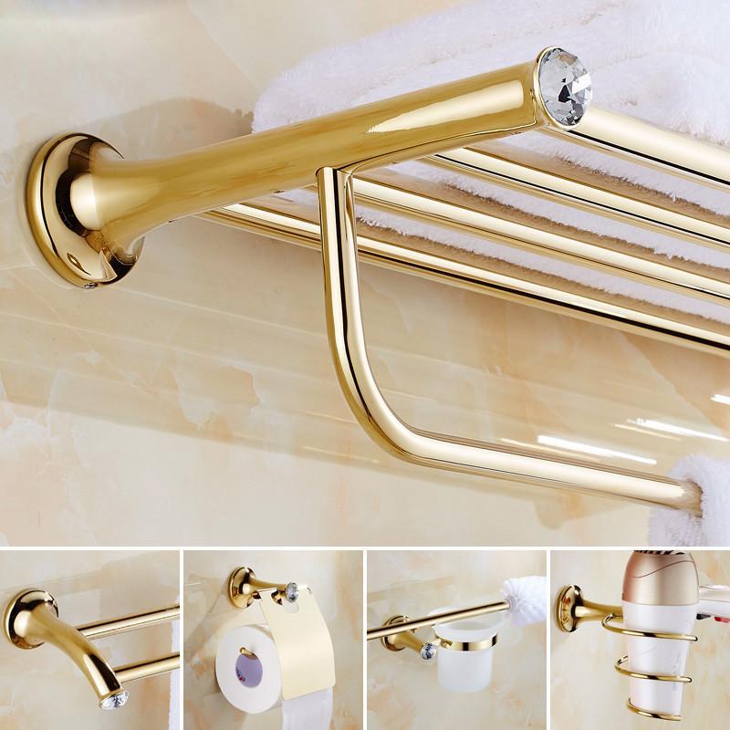 

Bathroom Accessory Set 304 Stainless Steel Towel Rack Paper Holder Corner Shelf Toilet Holder Bath Hardware Gold With Crystal1