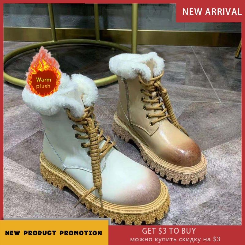 

DLEK Women Ankle Boots Lace-Up Round Toe Square Heel Fashion Knot Shoes Winter Fur Plush Comfortable Soft Female Warm Shoes, Beige