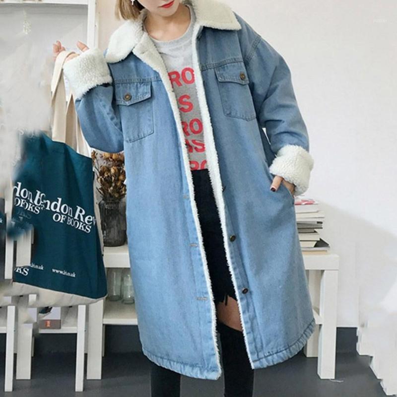 

Fashion Women Turn Down Collar Thick Warm Long Denim Loose Cashmere High Quality Coat Outwear abrigos mujer invierno 20191, Blue