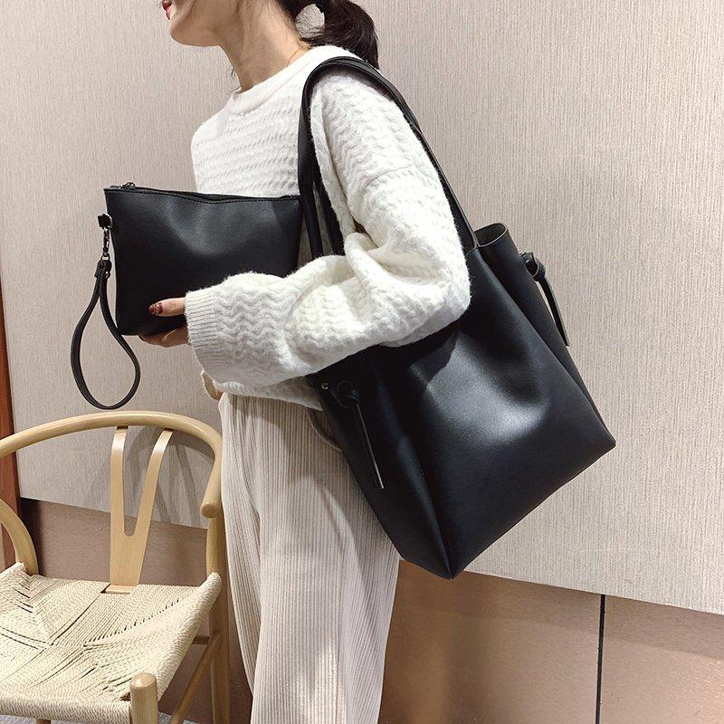 

Women's Soft Leather Handbag High Quality Women Shoulder Bag Big Shopper Tote Bucket Bag Fashion Women's Handbags Solid color, Black