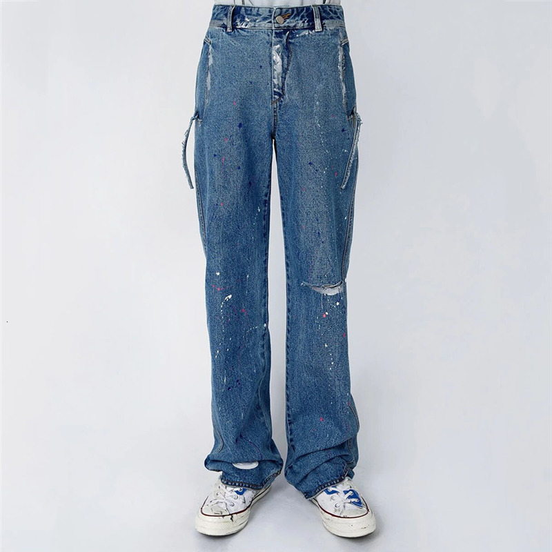 

2021 New Ader Error Jeans Men Women 1:1 Korea Best Quality Splash Ink Washed Do Old Hole Damage Adererror Denim Pants Hyie