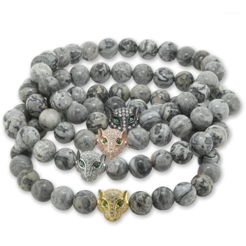 

2020 New Product Men Bracelet 8mm Natural Grey Veined Picture Stone Bead Micro Inserts Zircon Leopard Mens Charm Jewelry1
