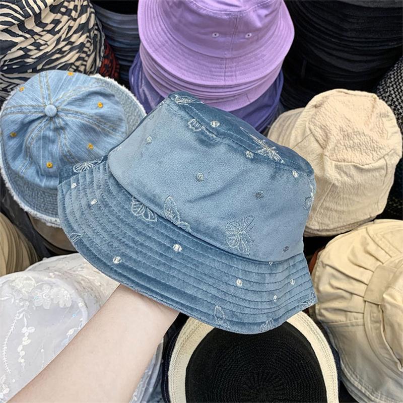 

Women Winter Warm Velvet Bucket Hat Butterfly Embroidery Wide Brim Fisherman Cap