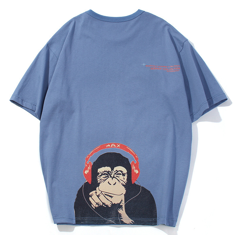 

2020 Men's Cotton Neat Short Sleeve Short-sleeved New Around the Neck with No National T-shirt Monkey, White