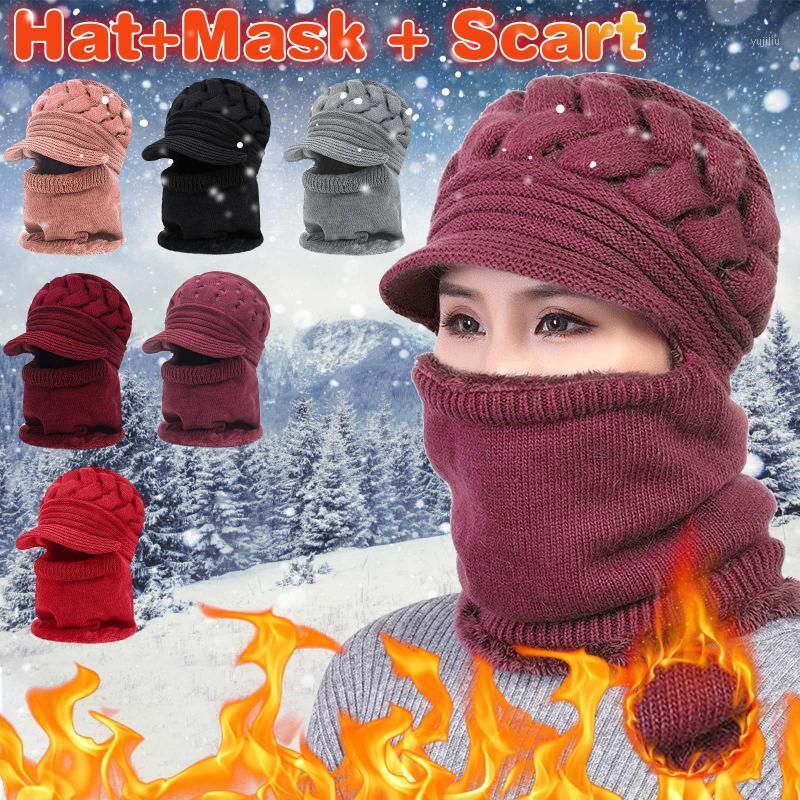 

WinterThick Women Warm Soft Full Bib Beanie Hat One-piece Bobble Scarf Mask Set Knitted Winter Warm Snowcap Autumn Winter Hat1