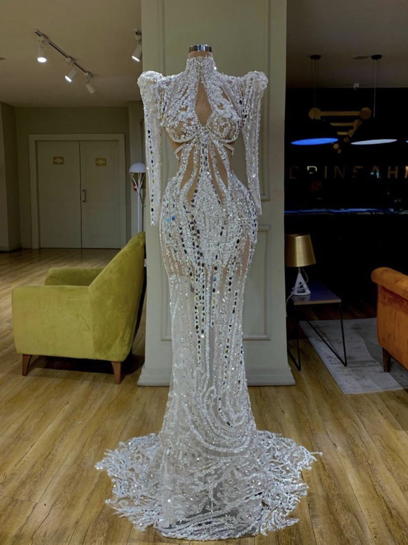 

Luxury Sparly Mermaid Prom Party Dresses Lace Sweep Train High Neck Plus Size Beaded Real Picture Long Sleeve Evening Gowns, Royal blue